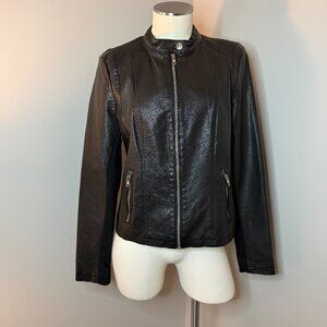 Black Rivet Black Faux Leather Moto Jacket Quilted Shoulder Zip Size M